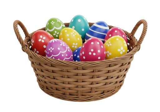 Woven easter basket filled with colorful decorated eggs isolated on transparent background - Powered by Adobe