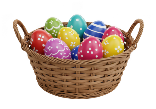Woven easter basket filled with colorful decorated eggs isolated on transparent background