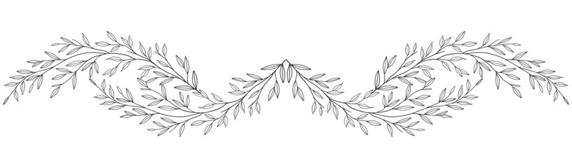 Fototapeta premium floral leaves line art isolated on white background. Divider doodle leaf and flowers, nature border decorative element vector illustration