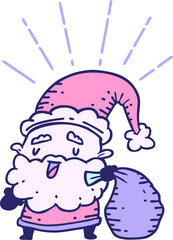 illustration of a traditional tattoo style santa claus christmas character with sack in bright neon color