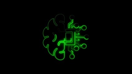 Artificial intelligence concept depicting brain and circuitry in glowing green outline