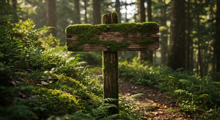 Wooden directional sign covered with moss in a forest pathway  