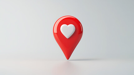 Fototapeta premium Red map pointer with white heart. Illustrates a loved location, romantic destination, favorite spot, or symbol of finding love in a specific place. Valentine concept.