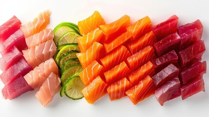 Colorful Arrangement of Sliced Fruits and Fresh Fish on a Bright White Background Creating a Vibrant Culinary Display