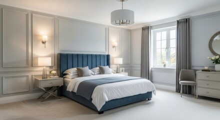 Elegant modern bedroom with blue upholstered bed gray walls and natural light from window
