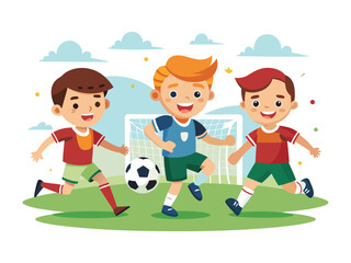 Three happy cartoon boys playing soccer together on a green field with a goal and clouds isolated on white background
