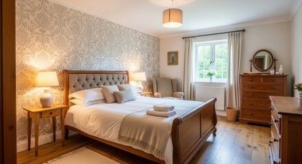 Cozy and elegant bedroom interior with classic wooden furniture and soft lighting enhancing