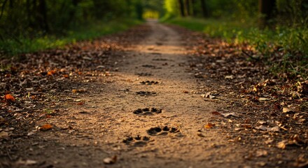 Animal paw prints on dirt path surrounded by autumn foliage  