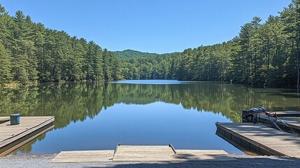 Naklejka premium Serene lake scene with docks and reflections