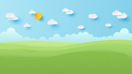 Landscape scenery with mountain and white cloud in summer blue sky background. Nature landscape. Paper cut and craft style illustration