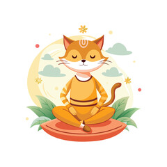 Cute cat meditating peacefully on a zen pillow illustration, calm mindfulness, relaxation, white background, spiritual pet art, yoga cat vector, serene and tranquil design