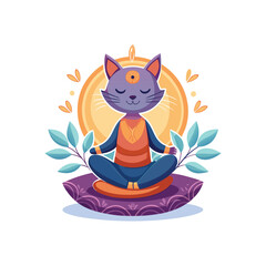 Cute cat meditating peacefully on a zen pillow illustration, calm mindfulness, relaxation, white background, spiritual pet art, yoga cat vector, serene and tranquil design