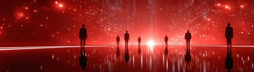 Silhouettes of people standing on a reflective surface with a glowing red background filled with digital light particles and lines.