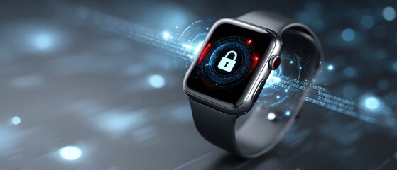 A smart watch displaying a digital padlock symbol, representing cybersecurity and data protection, set against a futuristic, tech-inspired background.