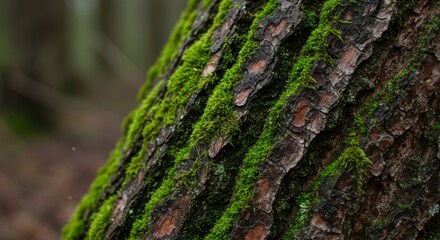 Tree bark covered in green moss in a forest environment  