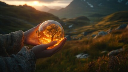 Crystal ball holding a miniature landscape at sunset