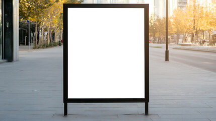 Outdoor advertising space. Standing sign with a black frame. Blank white space for adding your own message or image. City street in the background.