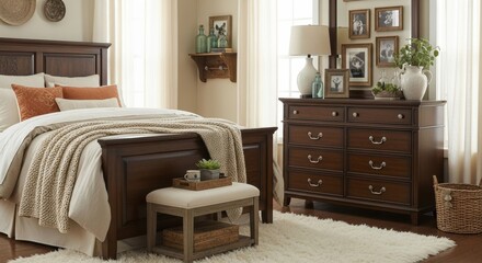 Cozy and elegant bedroom interior featuring classic wooden furniture and warm textiles with