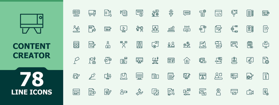 Content Creator linear icon collection. Influencer icon set. Minimalist linear icons. Pack of content, media, influencer, creator, blog, video content and more. Editable vector stroke.