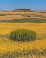 Golden wheat field with green bush, rolling hills