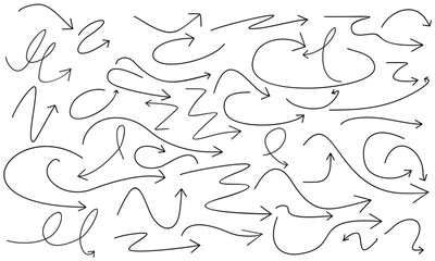 various shapes of curved arrow outlines isolated on white background, vector.