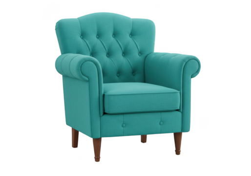 Elegant teal tufted accent armchair with rolled arms isolated on transparent background