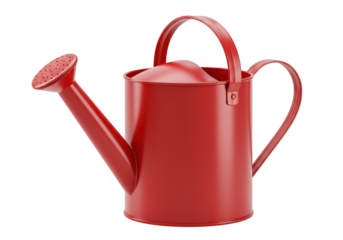 Classic red metal watering can with sprinkler head isolated on transparent background