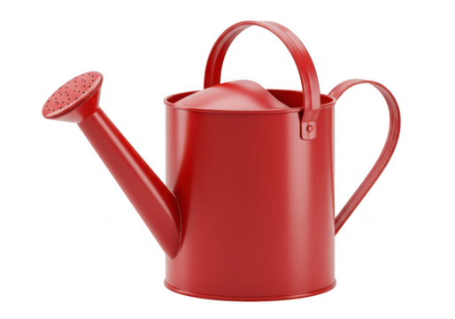 Classic red metal watering can with sprinkler head isolated on transparent background
