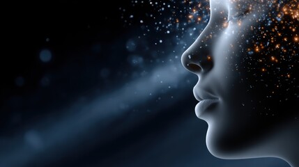 A close-up of a futuristic human face with glowing particles and mist, symbolizing technology, digital data, and artificial intelligence.