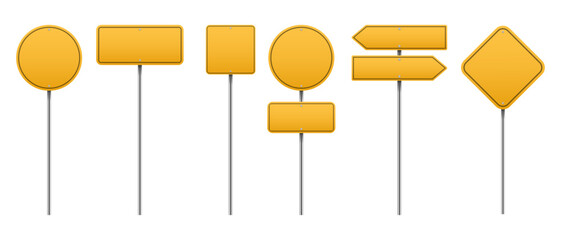 Collection of Realistic yellow road sign. Empty traffic signs. Signaling plates vector set. Signal road for control traffic collection illustration