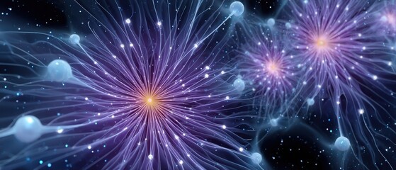 Fototapeta premium Abstract depiction of neural networks with radiant nodes and connecting fibers glowing in a cosmic, digital space.