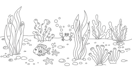 Underwater Scene Black and White Illustration