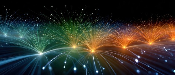 Fototapeta premium Colorful fiber optic cables emitting blue, green, yellow, and orange light beams against a black background.
