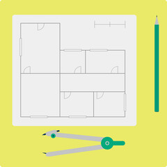 Architecture blueprint with compass and pencil