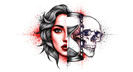 Mortality Woman, Hourglass, and Skull Artwork