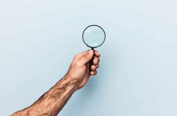 A hand holding a magnifying glass against a light blue background