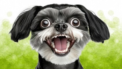 Playful dog with wide-open mouth, big eyes, and fluffy fur