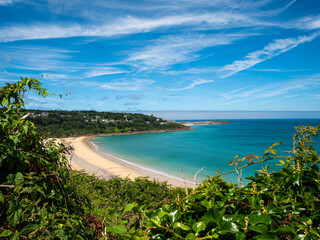 Bushes and shrubs frame a view overlooking Carbis Bay near St Ives on the north coast of Cornwall, UK, showing a sandy beach, deep blue sea with bright summer sky.