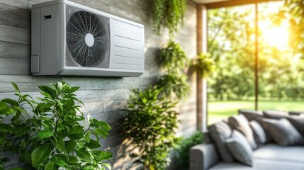 Modern outdoor AC unit on a wall, surrounded by plants and a living area