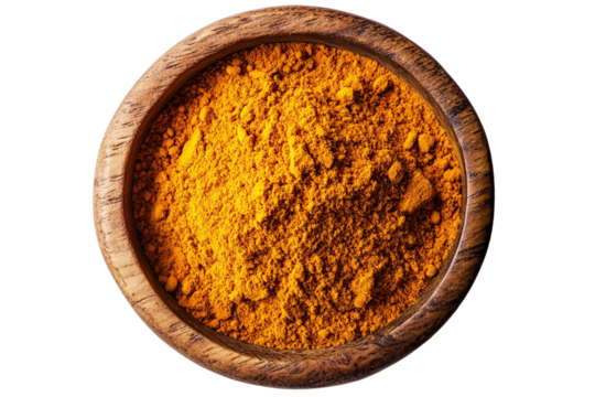 Turmeric powder in a wooden bowl on transparent background