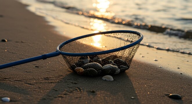 Shells collected in net on sandy beach during sunset  