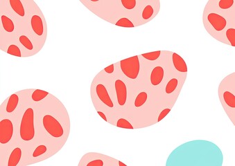 Abstract pattern of scattered, blush-pink shapes with coral-red spots on a white background.  A teal accent shape is present