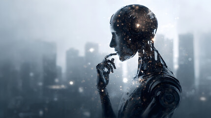 A digital art piece of an AI humanoid figure half-submerged in a futuristic liquid pool, blending advanced technology with surreal aesthetics, symbolizing the fusion of artificial intelligence and hum