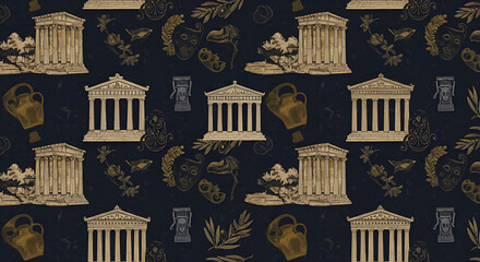 Ancient Greek Pattern with Temple and Vase