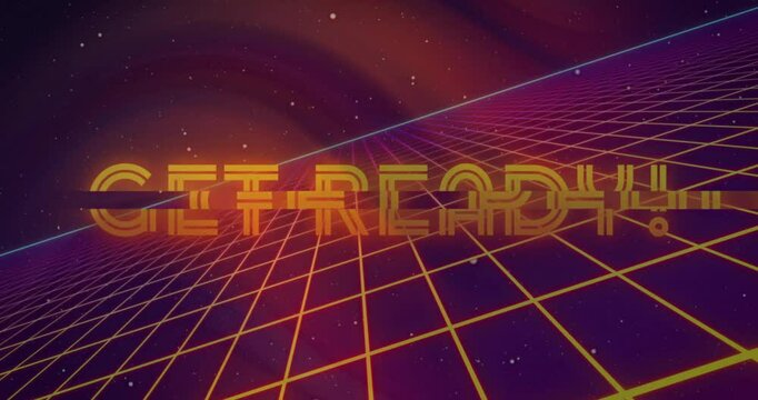 Upon fading in over neon grid orange 'GET READY!' letters glitching with cyan laser sweeping hyping