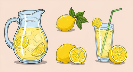 Fresh Lemonade Illustration with Lemons and Ice