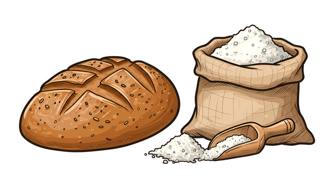 bread, flour, and scoop on white background clip art preview