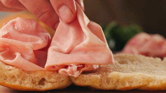 Mortadella ham sandwich, Traditional italian focaccia filled with thin pesto slices of mortadella, served by chef man in cafe restaurant. Macro of traditional italian spanish tapas antipasti. 