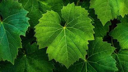 Lush green grape leaves, vibrant and full of life. The intricate vein patterns create a natural tapestry, a testament to nature's beauty.