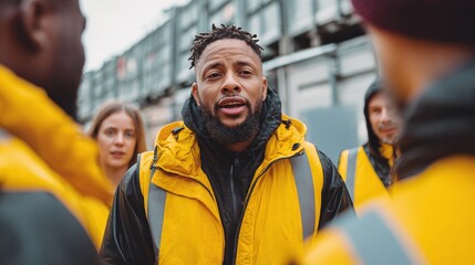 Diverse group of workers wearing safety vests, outdoors. A man is speaking, possibly in a discussion or team meeting. Focused and collaborative atmosphere.